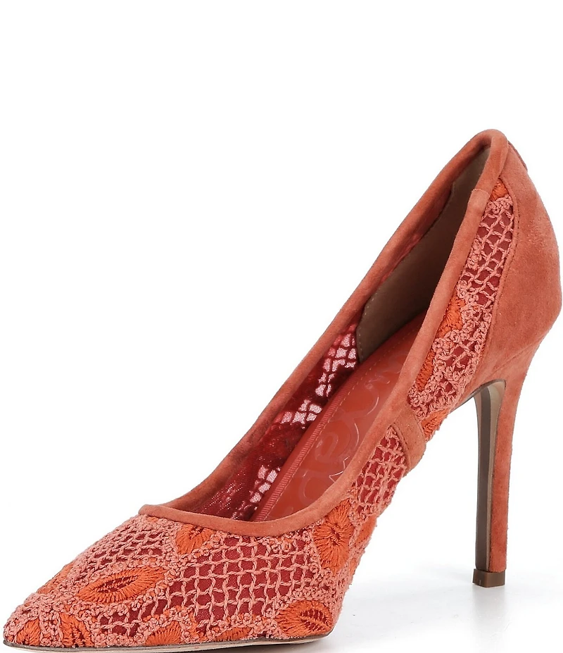 Sam Edelman Hazel Woven Floral Lace and Suede Pointed Toe Pumps