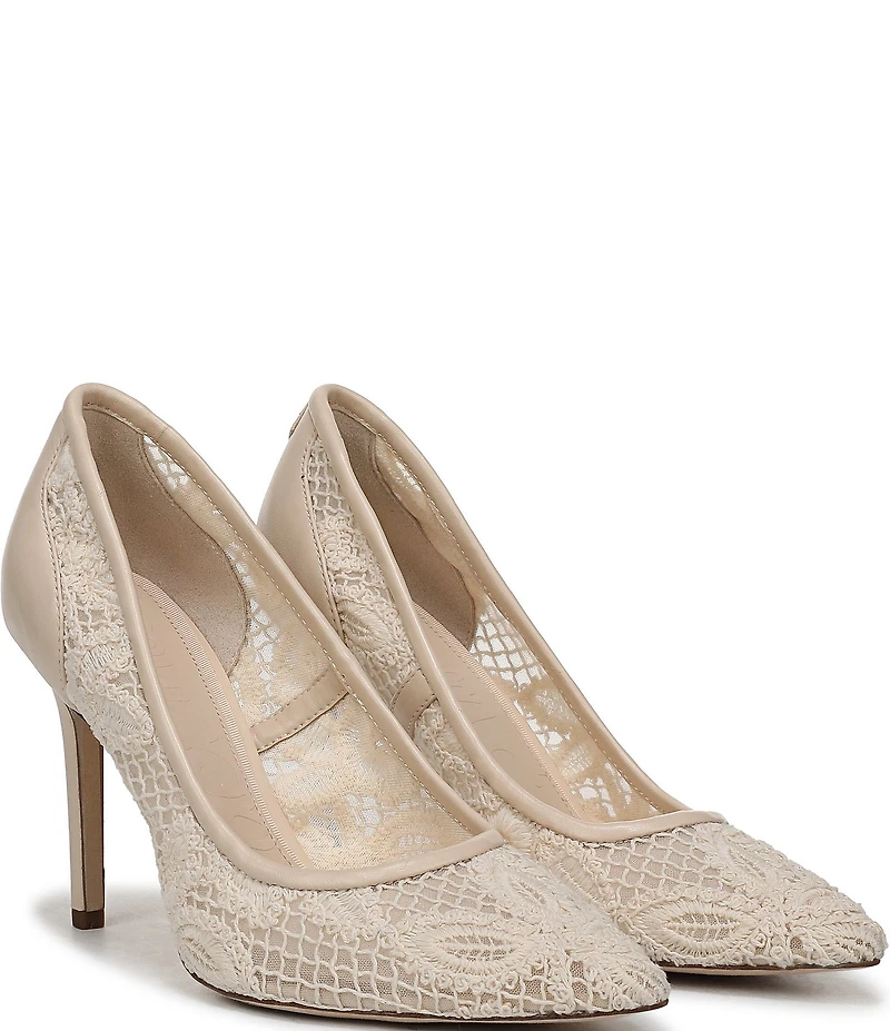 Sam Edelman Hazel Woven Floral Lace and Leather Pointed Toe Pumps