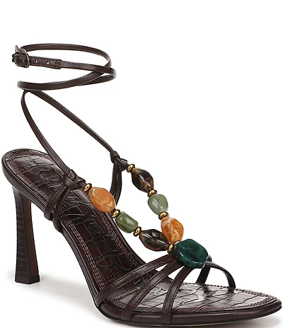 Sam Edelman Imani Stone Embellished Leather Ankle Wrap Croco Dress Sandals