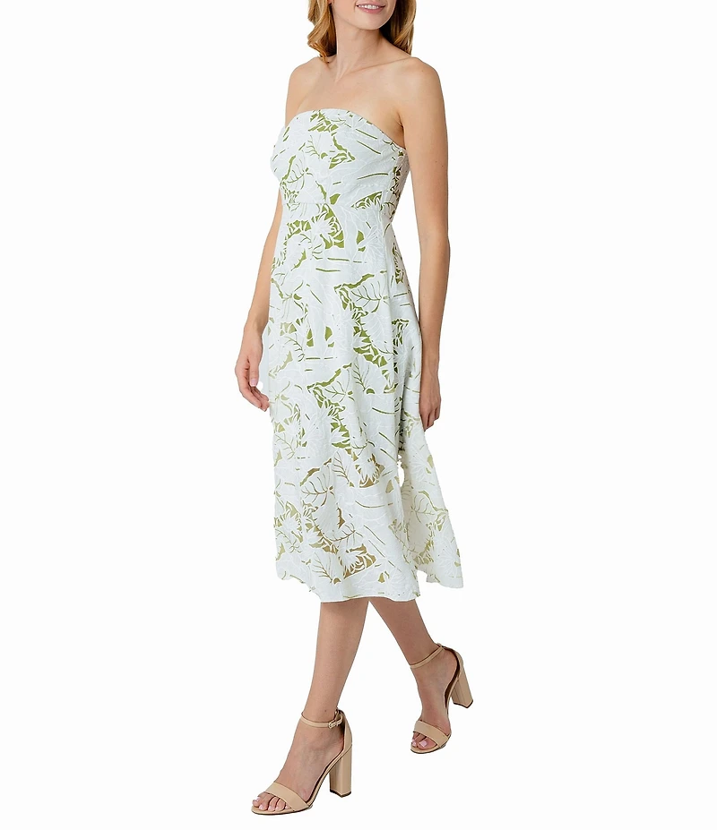 Sam Edelman Jacquard Palm Print Strapless Neck Sleeveless A-Line Midi Dress