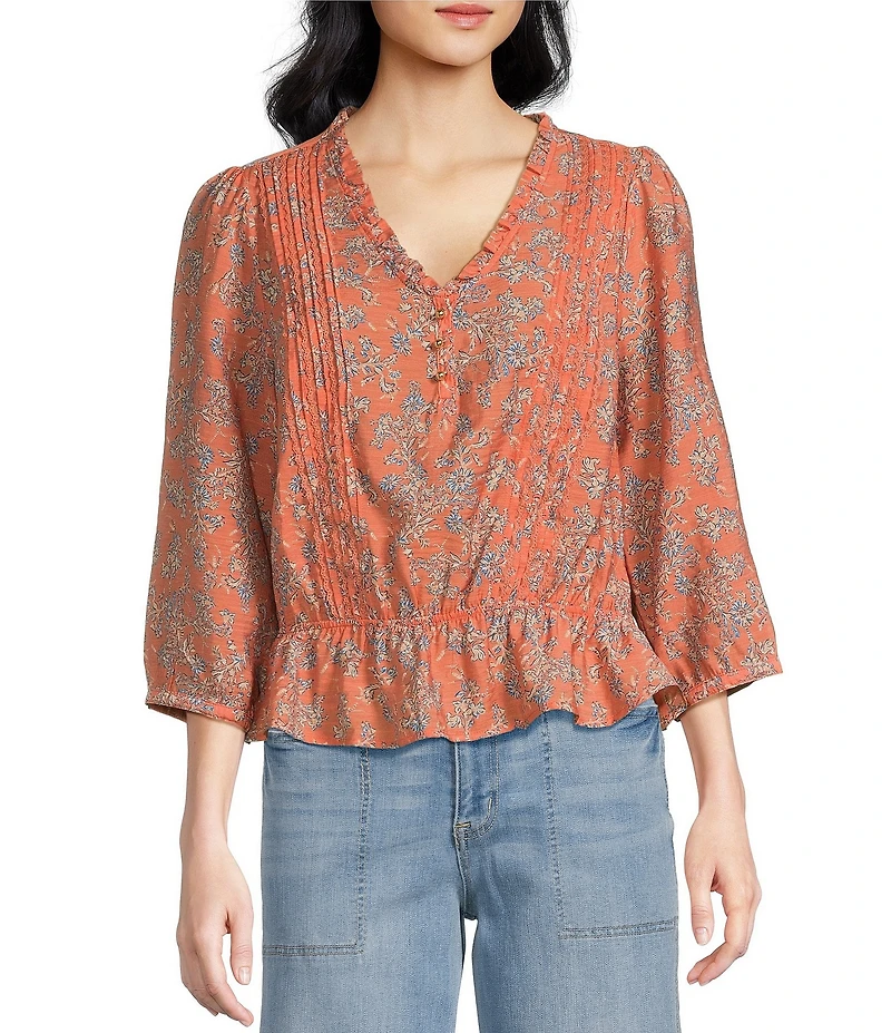 Sam Edelman Kit Pintuck Ruffled V-Neck 3/4 Sleeve Top