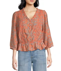 Sam Edelman Kit Pintuck Ruffled V-Neck 3/4 Sleeve Top