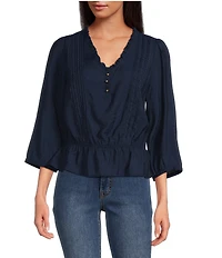 Sam Edelman Kit Pintuck Ruffled V-Neck 3/4 Sleeve Top
