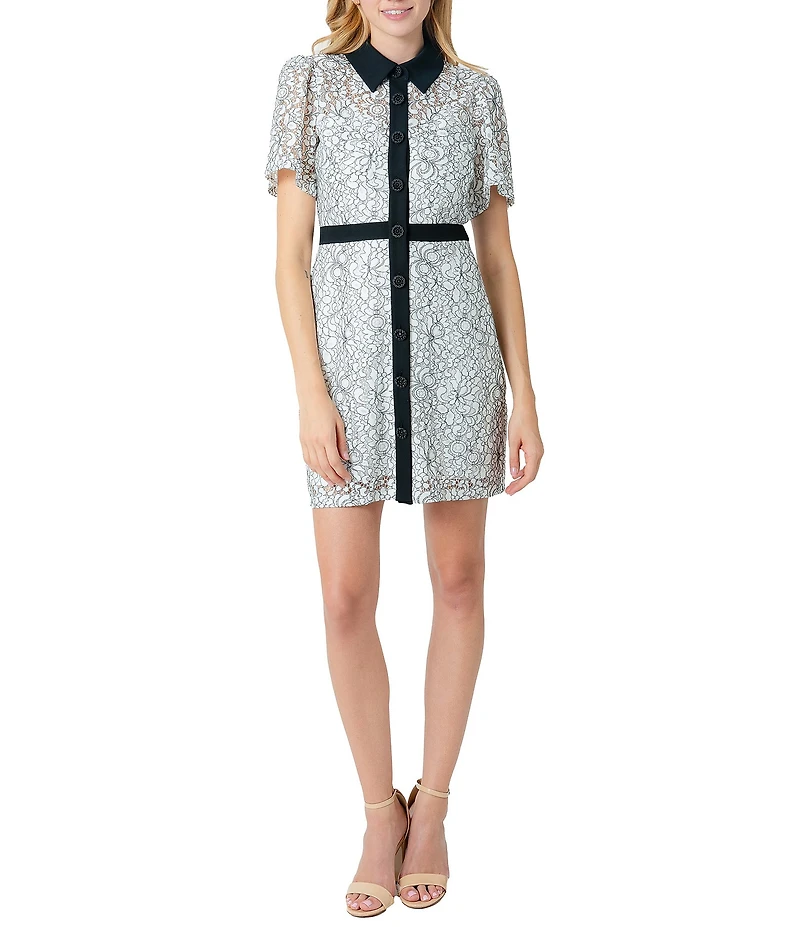 Sam Edelman Lace Point Collar Short Sleeve Contrast Trim Shirt Mini Dress