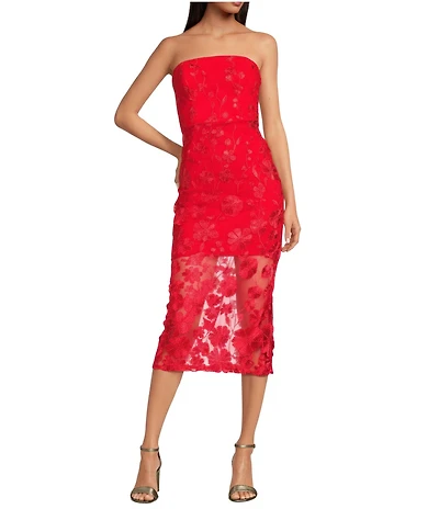 Sam Edelman Lace Woven Strapless 3D Floral Applique Sheath Midi Dress