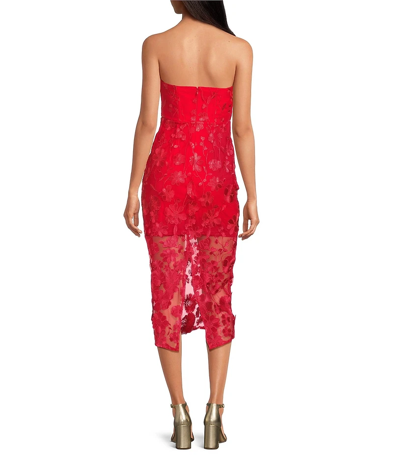 Sam Edelman Lace Woven Strapless 3D Floral Applique Sheath Midi Dress