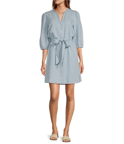 Sam Edelman Laine Banded Split V-Neck 3/4 Sleeve Tie Belt A-Line Dress