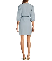 Sam Edelman Laine Banded Split V-Neck 3/4 Sleeve Tie Belt A-Line Dress