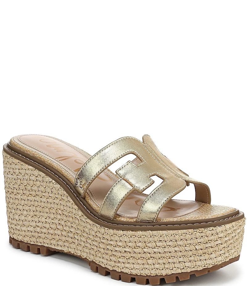 Sam Edelman Laine Leather Raffia Logo Wrapped Platform Slide Sandals