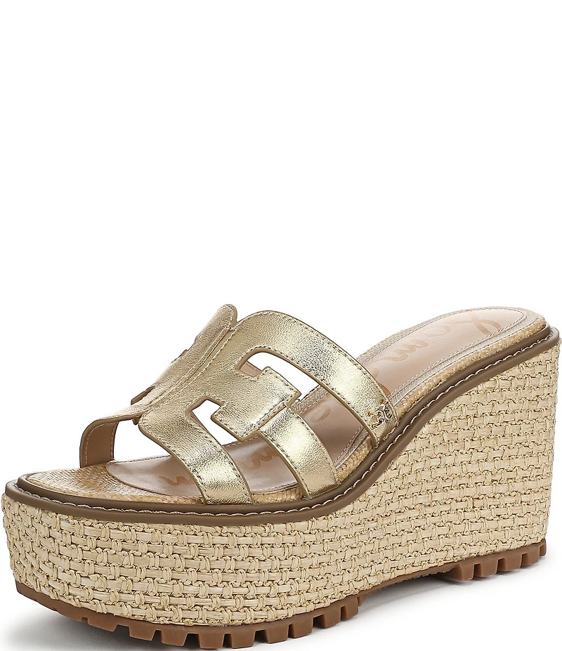 Sam Edelman Laine Leather Raffia Logo Wrapped Platform Slide Sandals