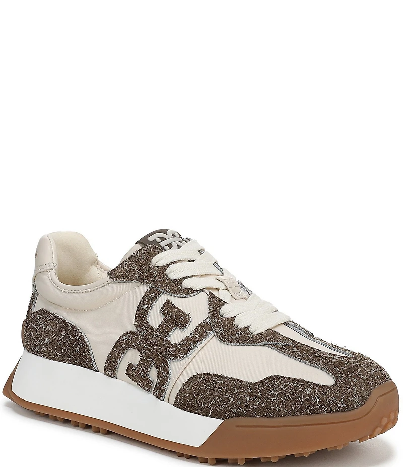 Sam Edelman Langley Distressed Suede and Fabric Lace Up Retro Sneakers
