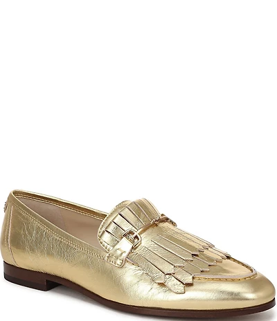 Sam Edelman Liz Crinkle Metallic Leather Kiltie Fringe Bit Buckle Loafers