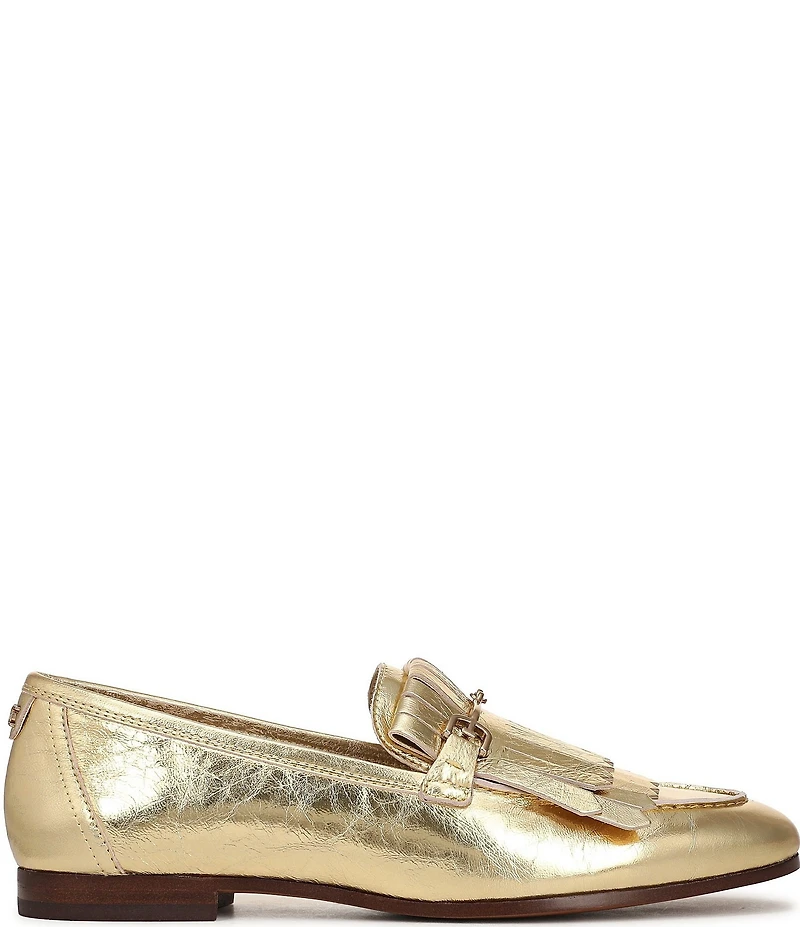 Sam Edelman Liz Crinkle Metallic Leather Kiltie Fringe Bit Buckle Loafers