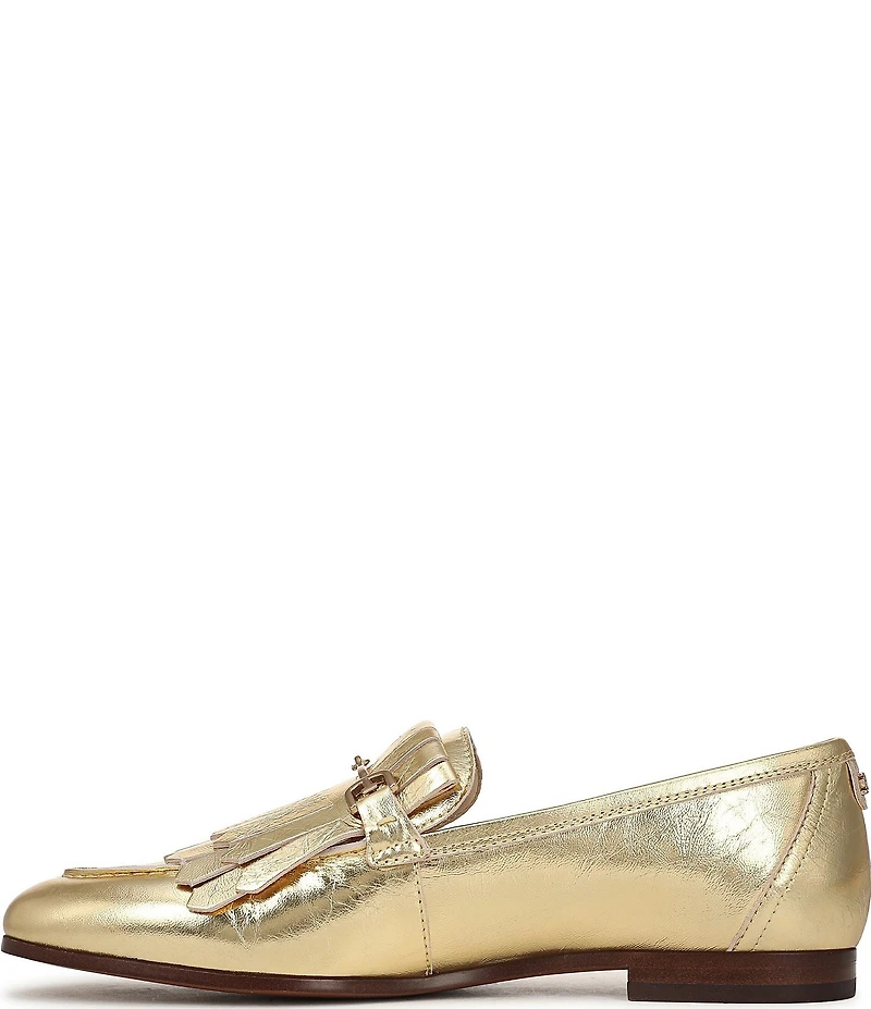 Sam Edelman Liz Crinkle Metallic Leather Kiltie Fringe Bit Buckle Loafers