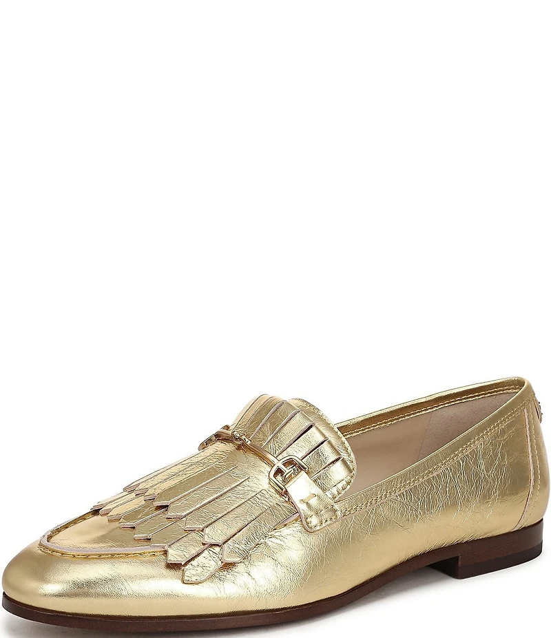 Sam Edelman Liz Crinkle Metallic Leather Kiltie Fringe Bit Buckle Loafers