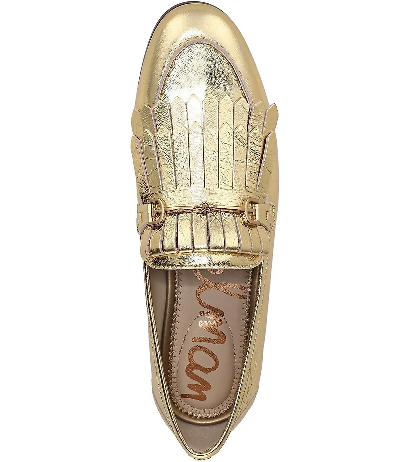 Sam Edelman Liz Crinkle Metallic Leather Kiltie Fringe Bit Buckle Loafers
