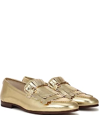 Sam Edelman Liz Crinkle Metallic Leather Kiltie Fringe Bit Buckle Loafers