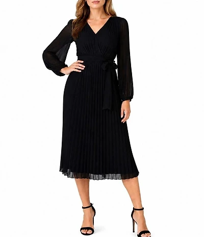 Sam Edelman Chiffon V-Neck Long Sleeve Pleated A-Line Midi Dress