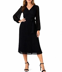 Sam Edelman Chiffon V-Neck Long Sleeve Pleated A-Line Midi Dress