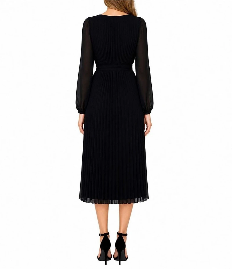 Sam Edelman Chiffon V-Neck Long Sleeve Pleated A-Line Midi Dress
