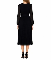 Sam Edelman Chiffon V-Neck Long Sleeve Pleated A-Line Midi Dress