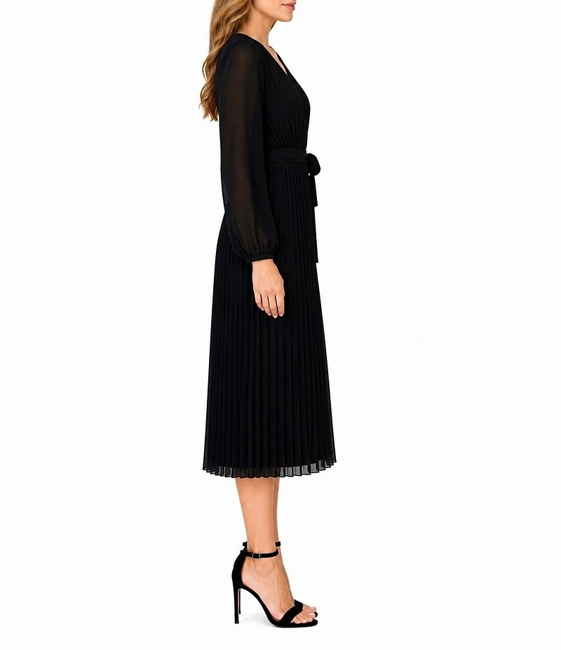 Sam Edelman Chiffon V-Neck Long Sleeve Pleated A-Line Midi Dress