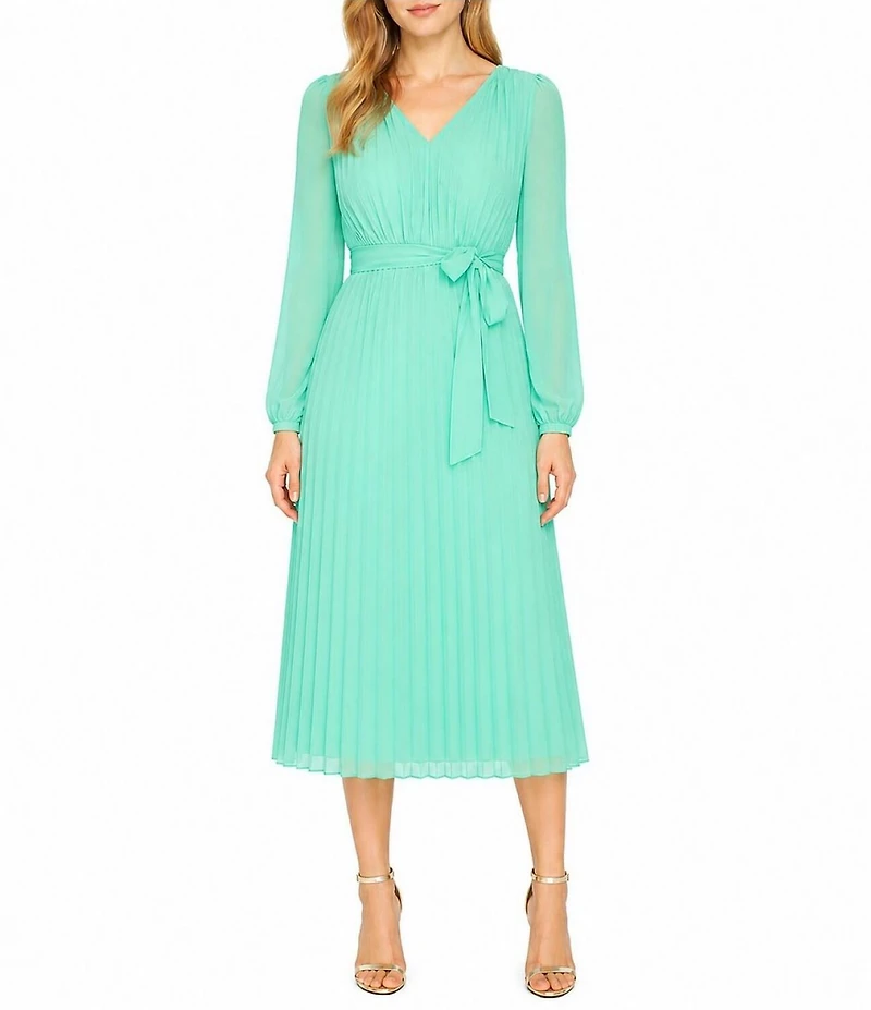 Sam Edelman Chiffon V-Neck Long Sleeve Pleated A-Line Midi Dress