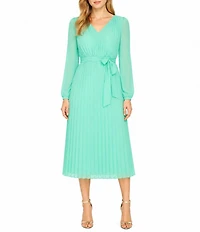Sam Edelman Chiffon V-Neck Long Sleeve Pleated A-Line Midi Dress