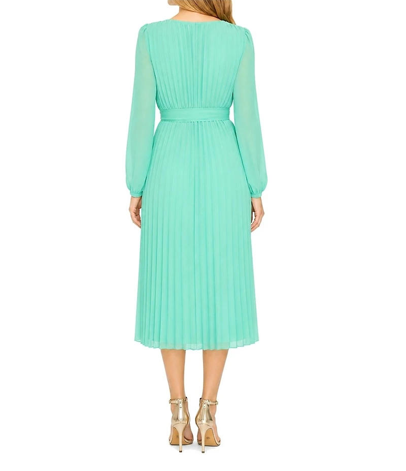 Sam Edelman Chiffon V-Neck Long Sleeve Pleated A-Line Midi Dress