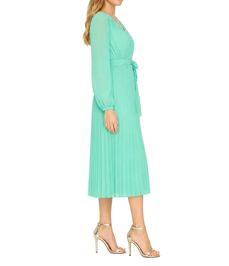 Sam Edelman Chiffon V-Neck Long Sleeve Pleated A-Line Midi Dress