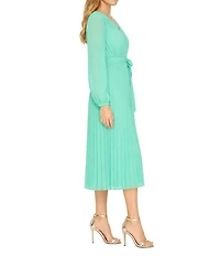 Sam Edelman Chiffon V-Neck Long Sleeve Pleated A-Line Midi Dress