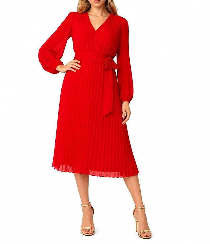 Sam Edelman Chiffon V-Neck Long Sleeve Pleated A-Line Midi Dress