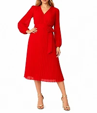 Sam Edelman Chiffon V-Neck Long Sleeve Pleated A-Line Midi Dress