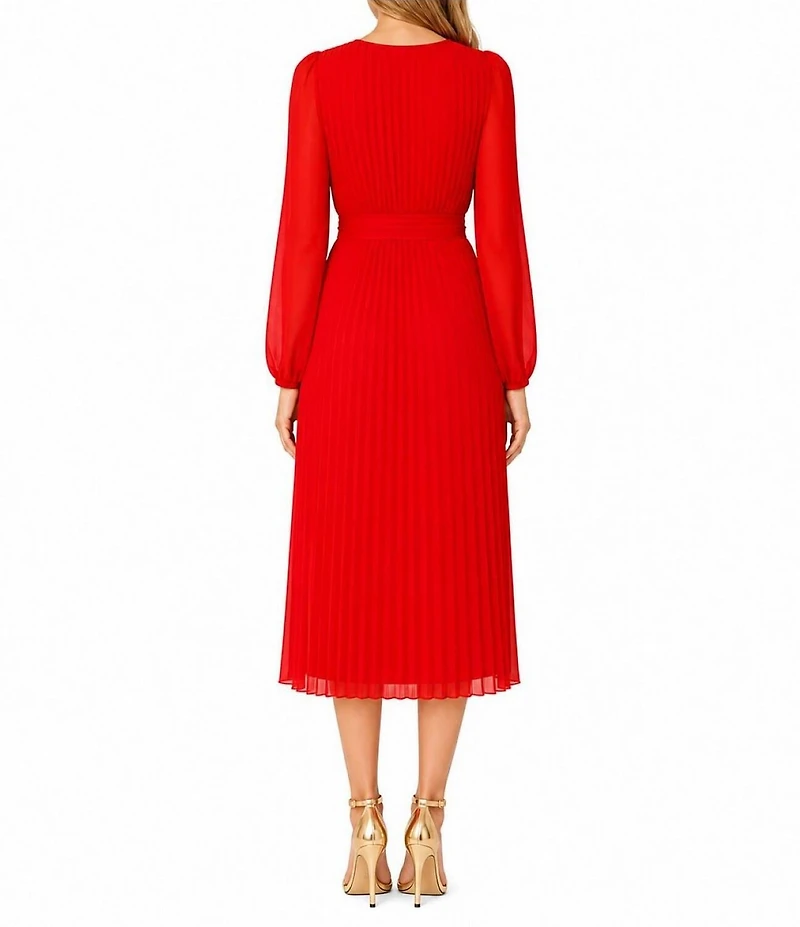Sam Edelman Chiffon V-Neck Long Sleeve Pleated A-Line Midi Dress
