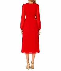 Sam Edelman Chiffon V-Neck Long Sleeve Pleated A-Line Midi Dress