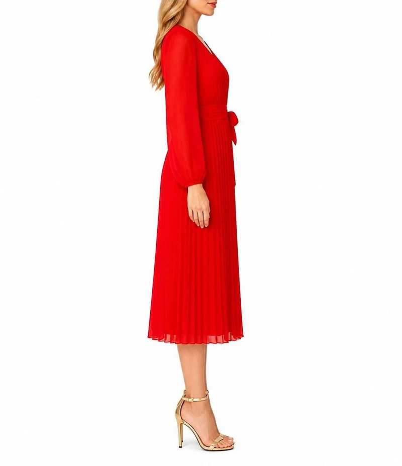 Sam Edelman Chiffon V-Neck Long Sleeve Pleated A-Line Midi Dress