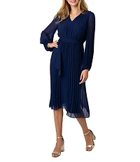 Sam Edelman Chiffon V-Neck Long Sleeve Pleated A-Line Midi Dress