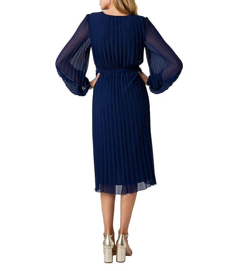 Sam Edelman Chiffon V-Neck Long Sleeve Pleated A-Line Midi Dress