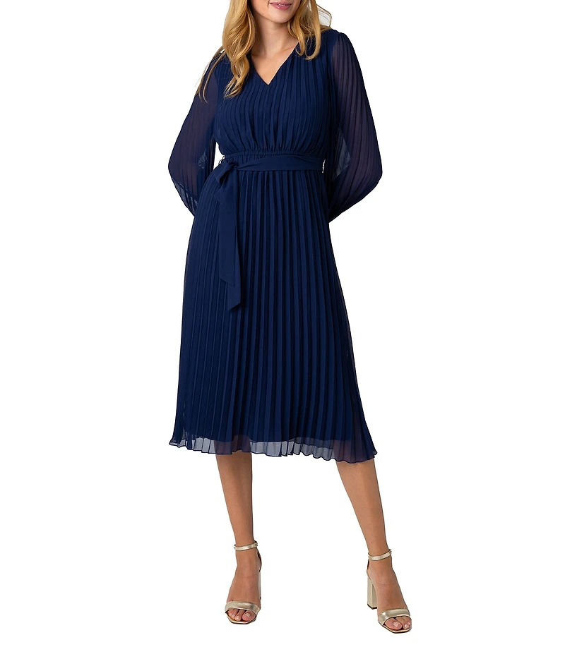 Sam Edelman Chiffon V-Neck Long Sleeve Pleated A-Line Midi Dress