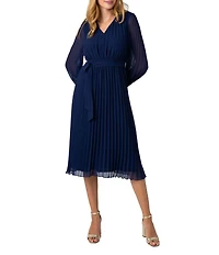 Sam Edelman Chiffon V-Neck Long Sleeve Pleated A-Line Midi Dress
