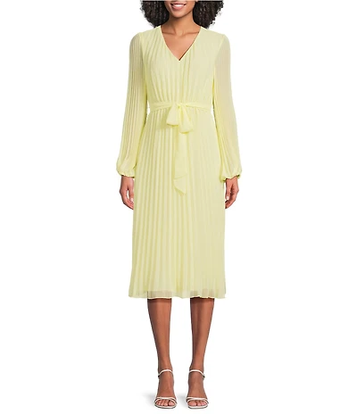 Sam Edelman Chiffon V-Neck Long Sleeve Pleated A-Line Midi Dress