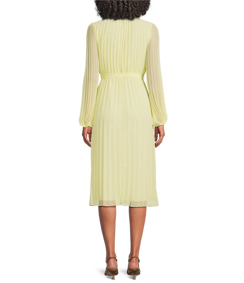 Sam Edelman Chiffon V-Neck Long Sleeve Pleated A-Line Midi Dress