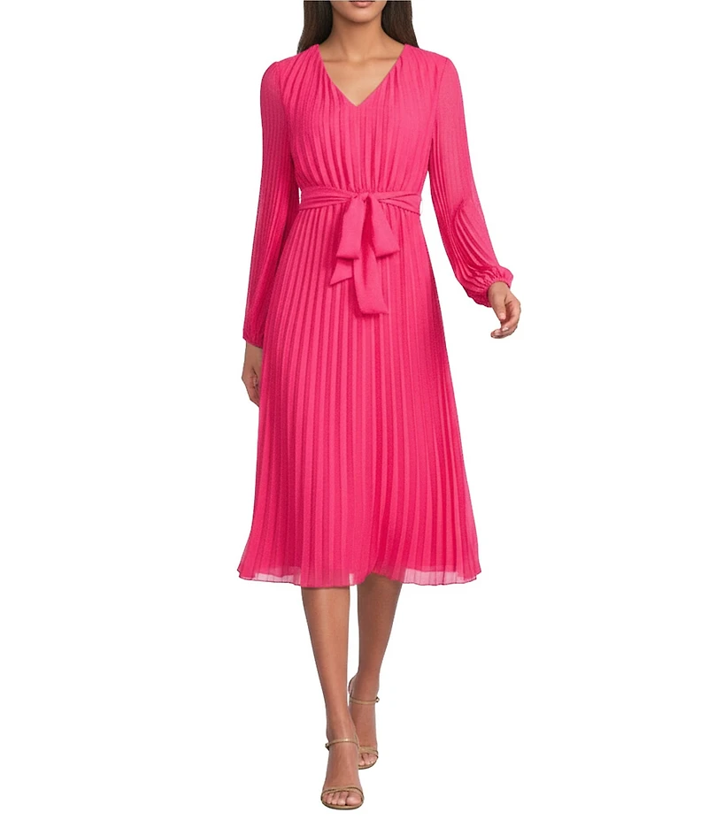 Sam Edelman Chiffon V-Neck Long Sleeve Pleated A-Line Midi Dress