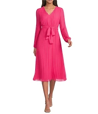 Sam Edelman Chiffon V-Neck Long Sleeve Pleated A-Line Midi Dress