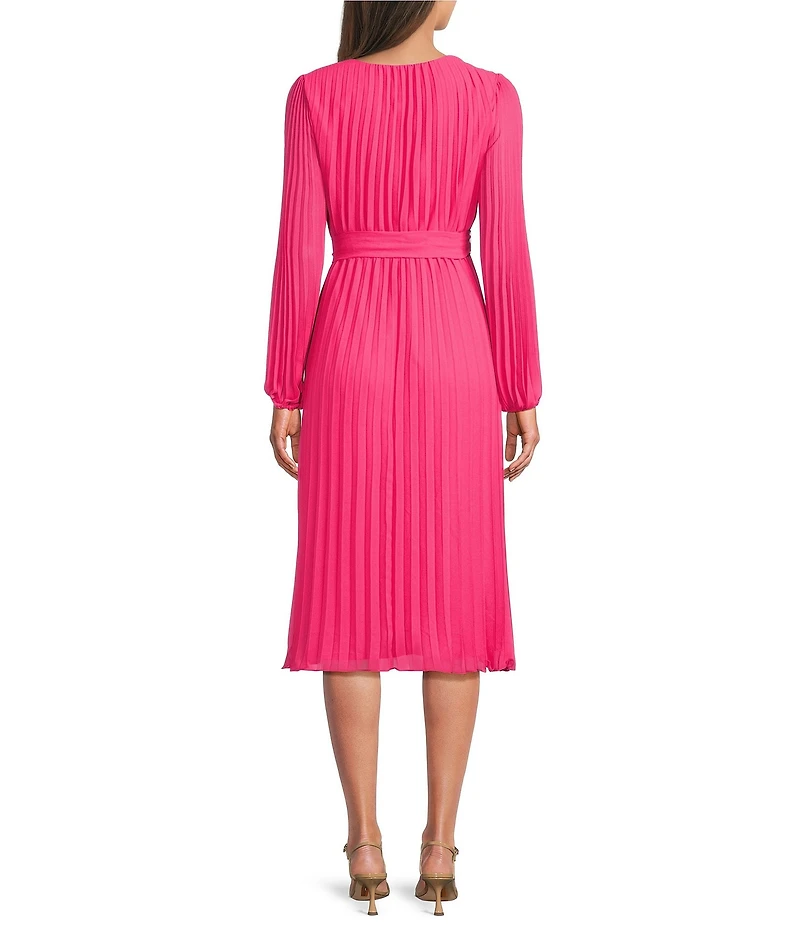 Sam Edelman Chiffon V-Neck Long Sleeve Pleated A-Line Midi Dress