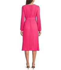 Sam Edelman Chiffon V-Neck Long Sleeve Pleated A-Line Midi Dress