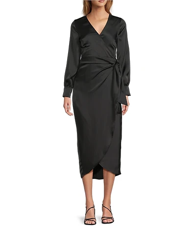 Sam Edelman Long Sleeve Satin Wrap Midi Dress