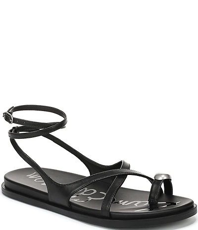 Sam Edelman Lottie Leather Stone Embellished Toe Ring Strappy Sandals