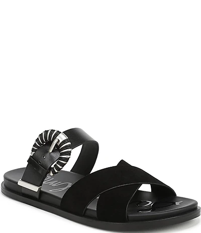 Sam Edelman Lucy Suede and Leather Criss Cross Buckle Hardware Slide Sandals