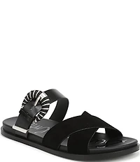 Sam Edelman Lucy Suede and Leather Criss Cross Buckle Hardware Slide Sandals